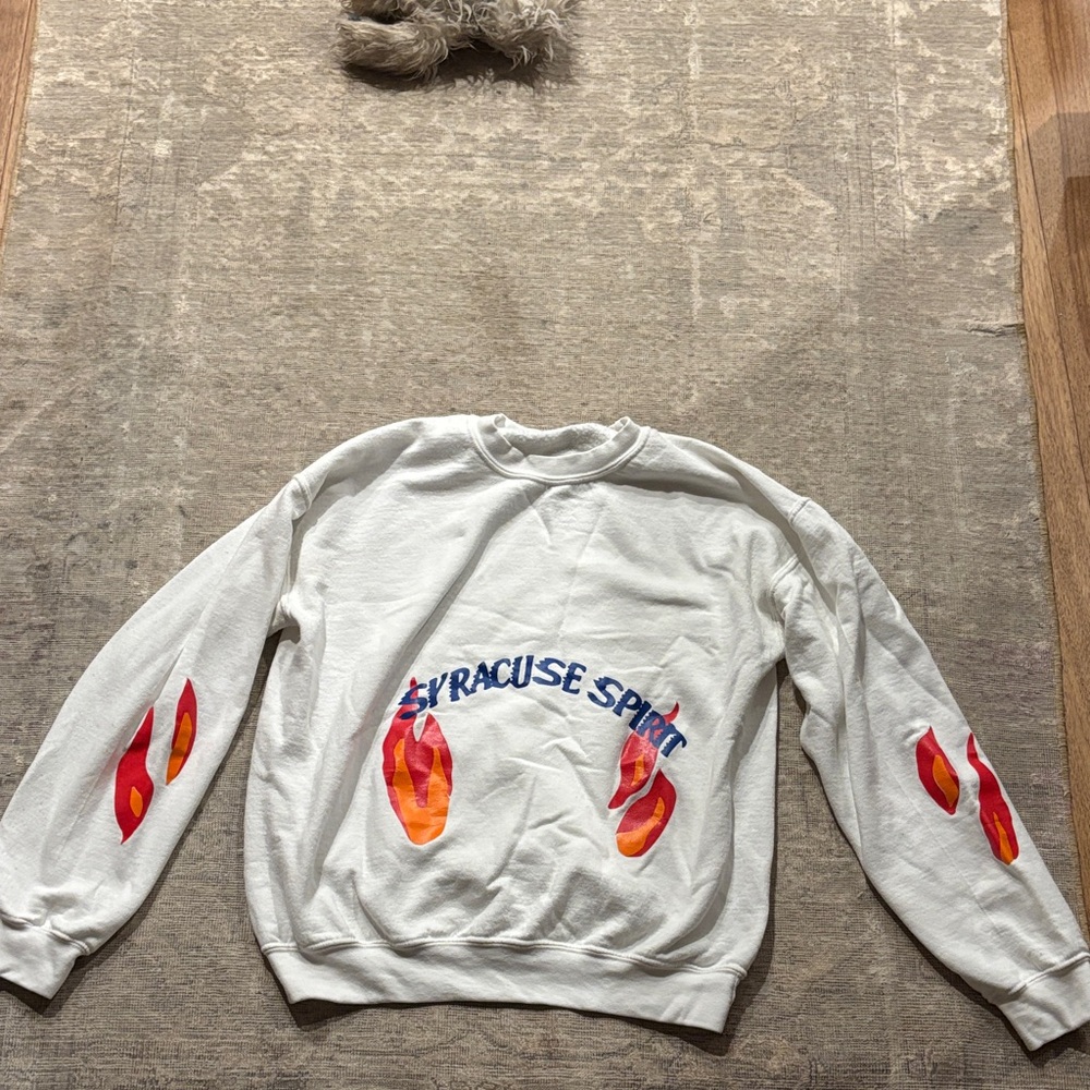 Gildan White Crewneck Sweater with Red and Orange Flames